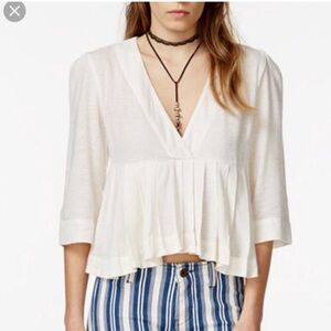 Free People Pleats On Me Cropped Swing Surplice Blouse Crop Top Ivory SMALL